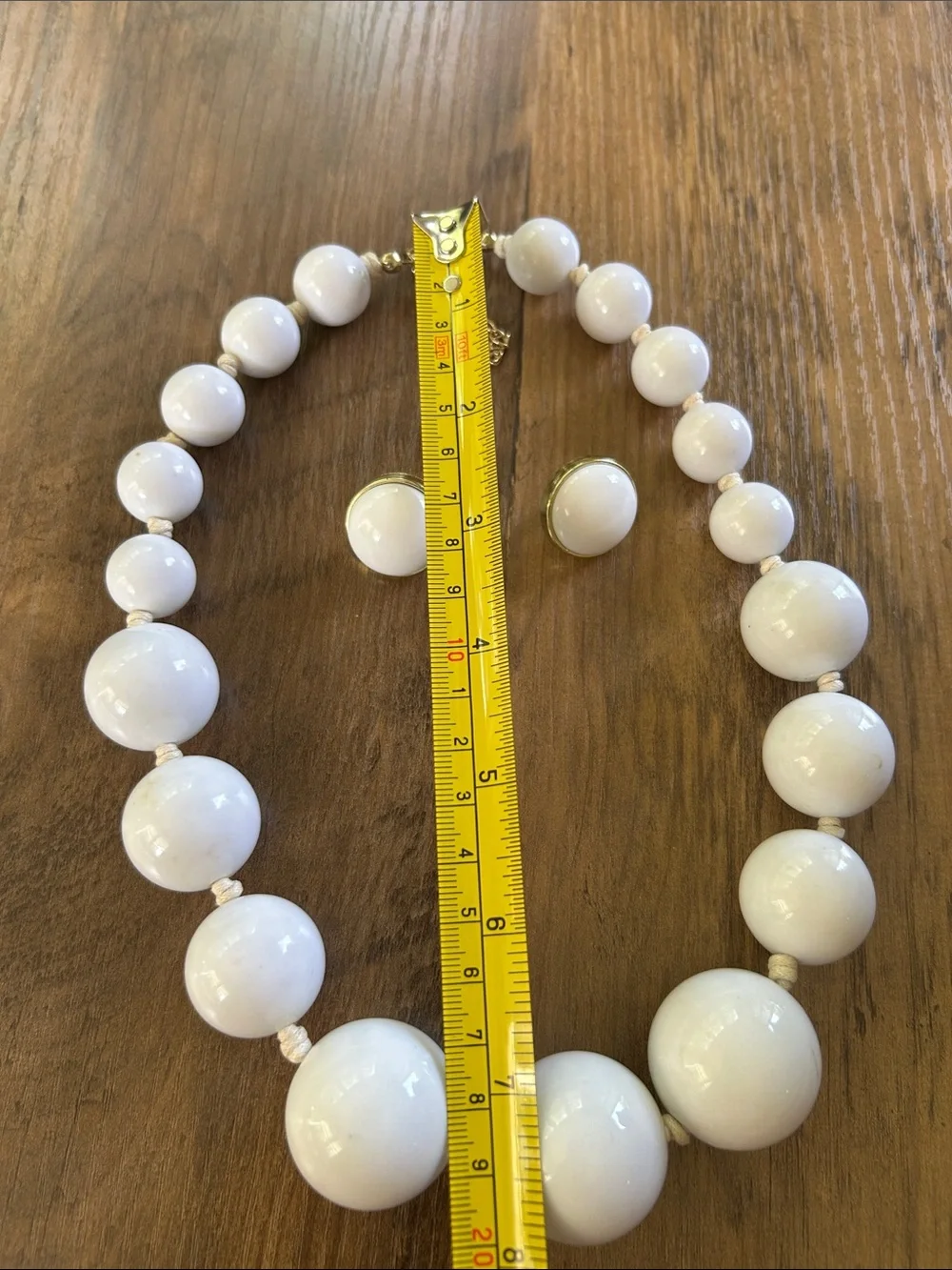 Vintage White Bead Necklace with Gold Accent Button Earrings Set